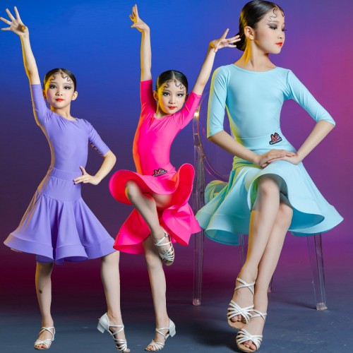 Kids purple pink blue ballroom latin dance dresses professional competition modern dance stage performance latin dance clothing for girls 